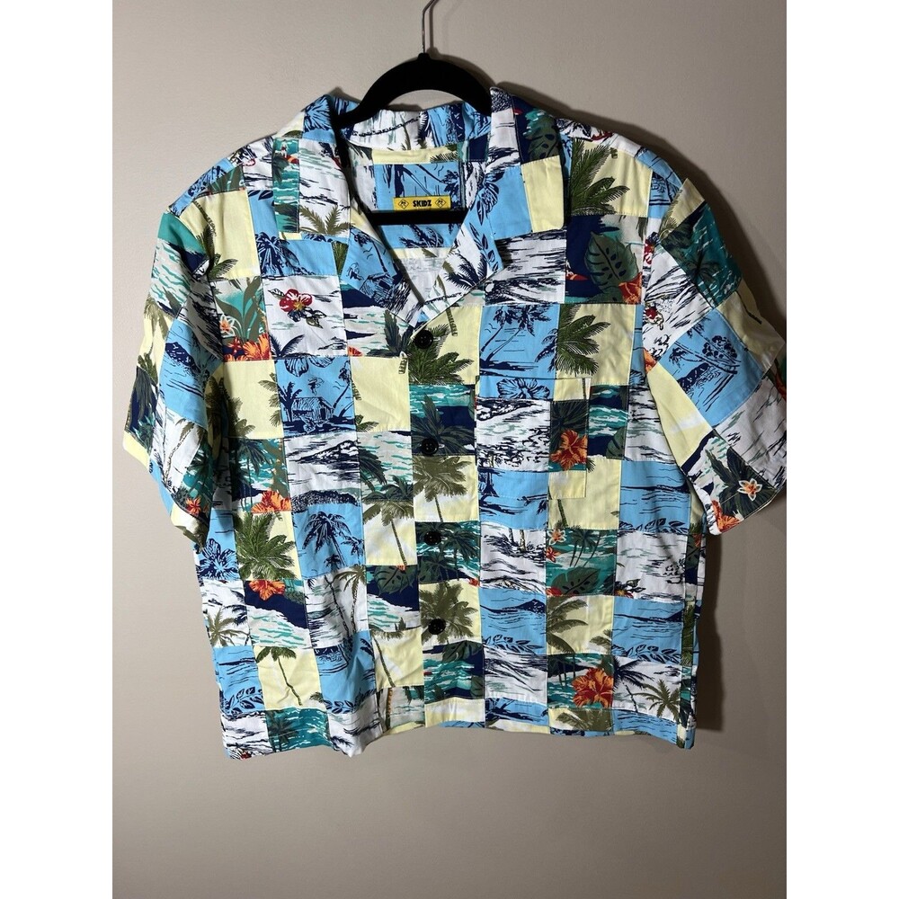 Skidz Patchwork Postcard Blue Button Shirt Mens Large Skater Y2K